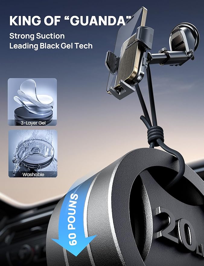 [2025 New] Dashboard Phone Holders for Your Car (+Vent Hook)[Military Grade Stable] Car Cell Phone Holder, Non-Slip Silicone Carbon Fiber Car Phone Mount, Rotatable Suction Cup for All Phone, Gray