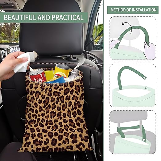 Cute Car Trash Can, Hanging Canvas Car Back Seat Organizer and Storage Bag, Funny Car Trash Bag For Travelling, Outdoor Cute Brown Leopard