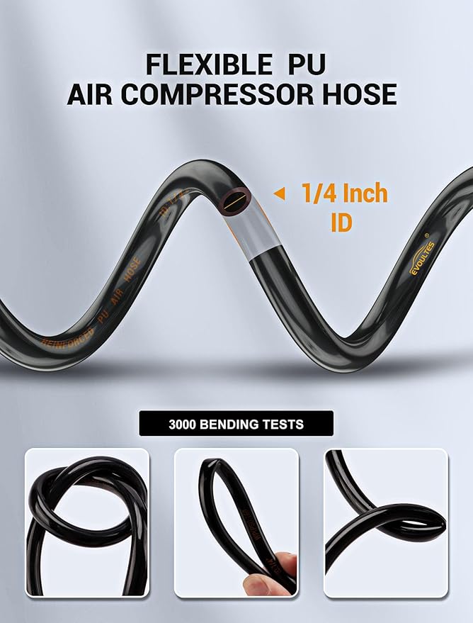 1/4 In x 28 Ft Polyurethane Recoil Air Hose, Upgraded Air Compressor Hose with Repairable Bend Restrictor, Air Hose kit w/ 360° Swivel 1/4" NPT Coupler & Brass Quick Connect Air Fittings