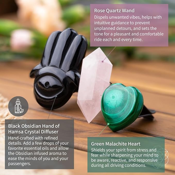 Conscious Items Hamsa Hand of Safe Travels Aromatherapy Crystal Car Kit, Car Vent Clips with Black Obsidian, Rose Quartz, & Green Malachite Crystals for Calm, Protection & Beautiful Drives