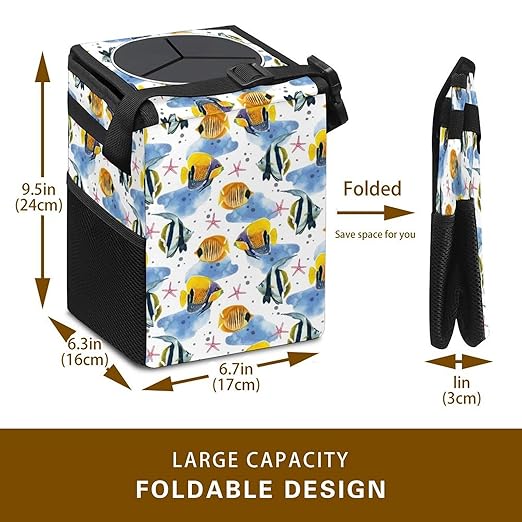 Marine Fish Car Trash Can with Lid - Collapsible Reusable Waterproof Garage Bag,Automotive Garbage Can,Car Accessories Interior Organizer