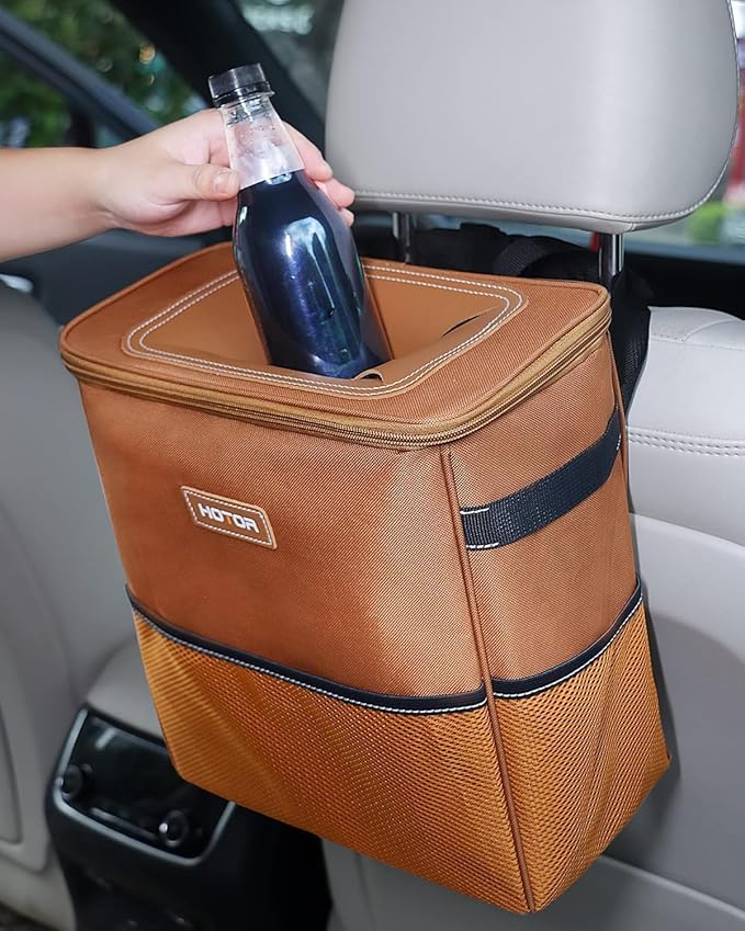 HOTOR 3 Gallons Car Trash Can, Ultra Large Capacity Organizer and Storage with Adjustable Straps & Magnetic Snaps, Waterproof Car Accessory for Interior Car Stuff Storage, Brown
