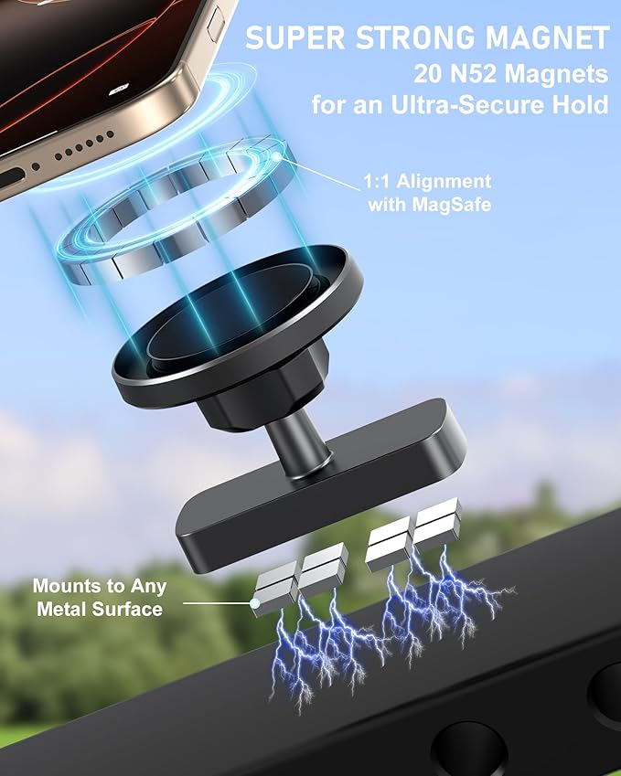 Magnetic Golf Cart Phone Holder, Phone Mount Compatible with MagSafe iPhone 12-17, 20X N52 Dual Magnets, Cradle-Free, Fits EZGO/Club Car/Yamaha/Icon, Golf Cart Accessories for Men, Gifts for Golfers