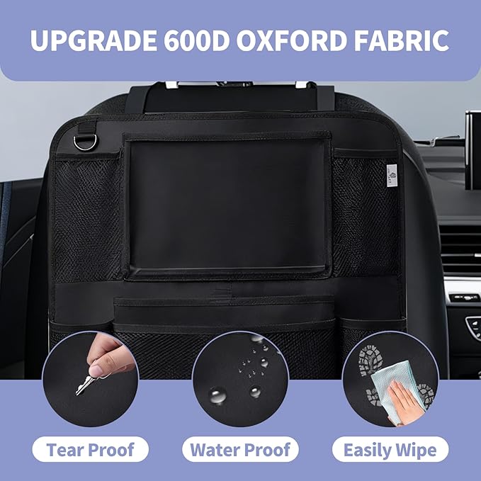 1 piece Car Back Seat Organizer with Tablet Holder, Premium 600D Oxford Fabric, 25x19 inch, 9 Storage Pockets, Waterproof, Tear Proof, Black