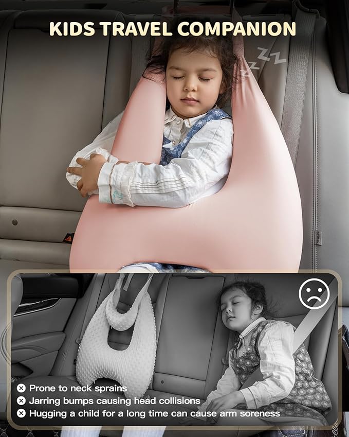 Memory Foam Kids Travel Pillow, Car Pillow for Kids, H-Shape Car Pillows for Sleeping, Removable Pillowcase, Adjustable, Porous Dots, Pink
