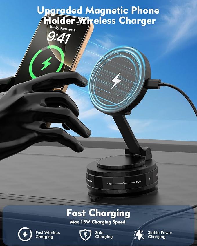 Wireless Car Charger, MagSafe Car Mount Charger [15W Magnetic Fast Wireless Charging] 360° Adjustable Phone Holder Compatible with iPhone 17 16 15 14 13 12 11 X/XS, Samsung S23 Ultra S22 S21 S20/S10+
