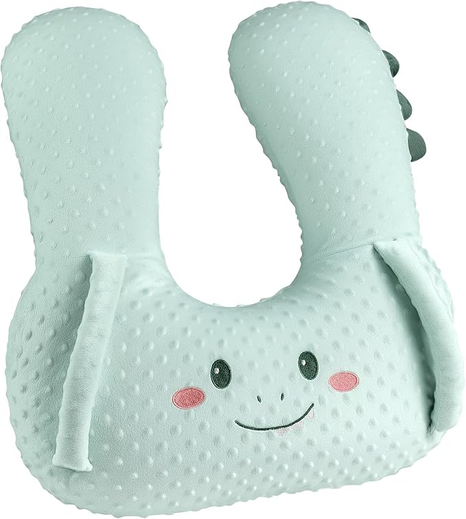 BEBAS U-Shaped Kids Travel Pillow for Car - Comfortable Neck and Head Support Pillow for Sleeping on Long Trips, Cute Cartoon Design, Ideal for Car Seats, Booster and Home Use, Great Gift Idea（Green）