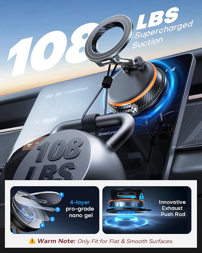 Car Phone Holder for Magsafe Car Mount [108+LBS Strongest Suction & 3000gf Magnetic] Vacuum Magnetic Phone Holders for Your Car 360° Adjustable Carbon Fiber Car Phone Mount for iPhone & Android Orange