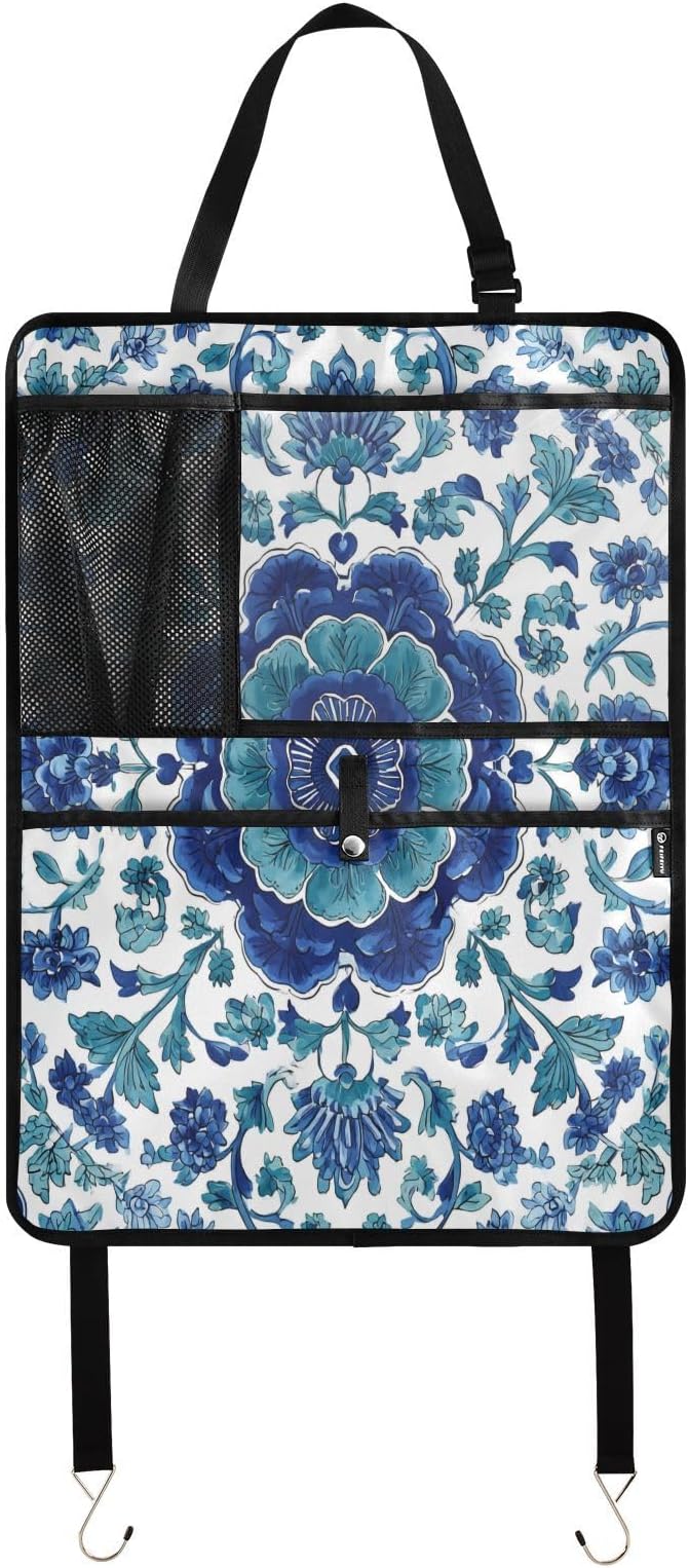 1 Pack Back Seat Car Organizer with Storage Pockets Kick Mats Back Seat Protector Hanging Car Organizer Automotive Seat Back Cover Organizers Floral Blue and White Vine