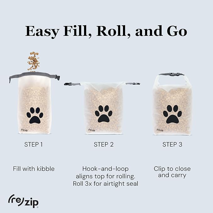 (re)zip Large Roll Top Pet Dry Food Storage Bag 40-Cup, BPA-Free, Food-Grade, Pet-Safe, Freshness Seal for Camping, Long Term Boarding, Travel & Daily Use, Machine Washable, Black