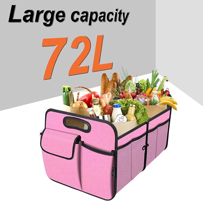 Trunk Organizer, Collapsible Trunk Organizers and Storage, Car Accessories for Women and Men, Multi-Compartment Trunk Storage Organizer for SUV, Car, Mini-Van, Pink