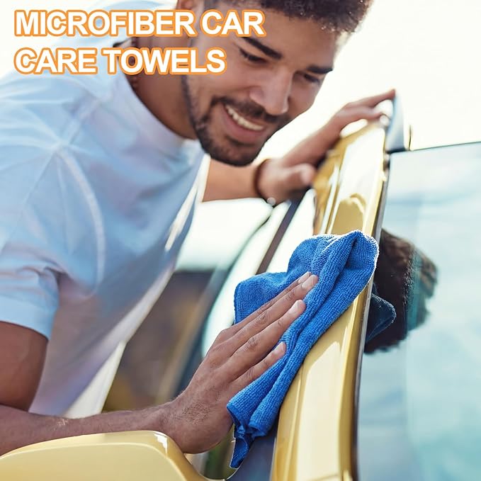 Nuenen 60 Pcs Microfiber Cleaning Cloths for Cars 16 x 16 Inch Ultra Absorbent Car Towels Drying Reusable Cleaning Supplies House Kitchen Window Microfiber Towel (Yellow,Blue)