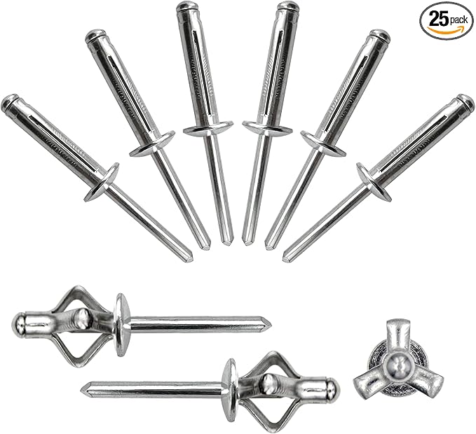 1/4"x1-3/16" Tri-Fold Rivets Assortment - 25Pcs,Silver Tri-fold Exploding Pop Rivets Solid Aluminum Tri Grip Rivets Bulb Style Rivets for Kayak Marine Boat