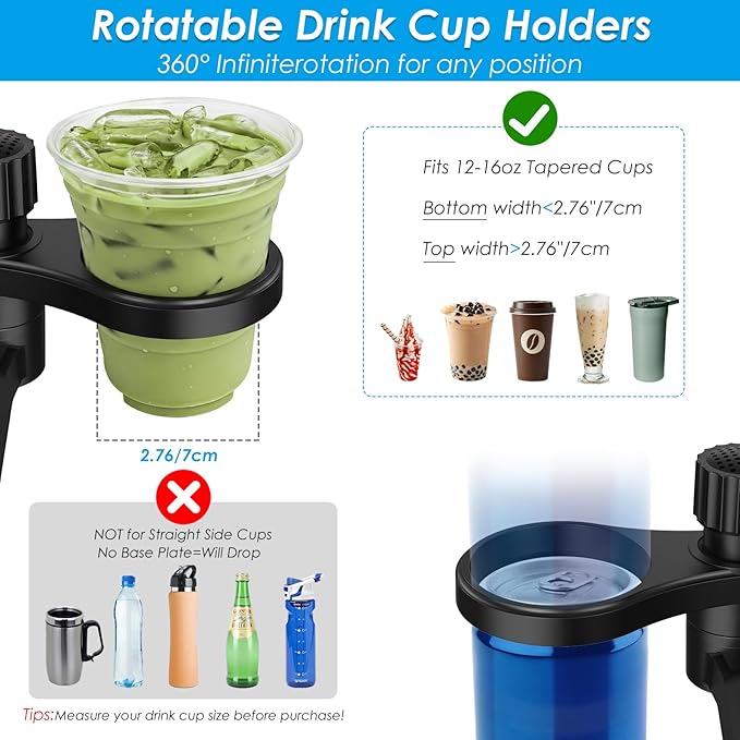 Biupky Car Cup Holder Expander, 4-in-1 Universal Cup Holder Tray Compatible with 2.6" to 3.94", Multi Cup Holders Table with Large Food Tray Phone Mount, for Travel Auto Trucker Road Trip Essentials