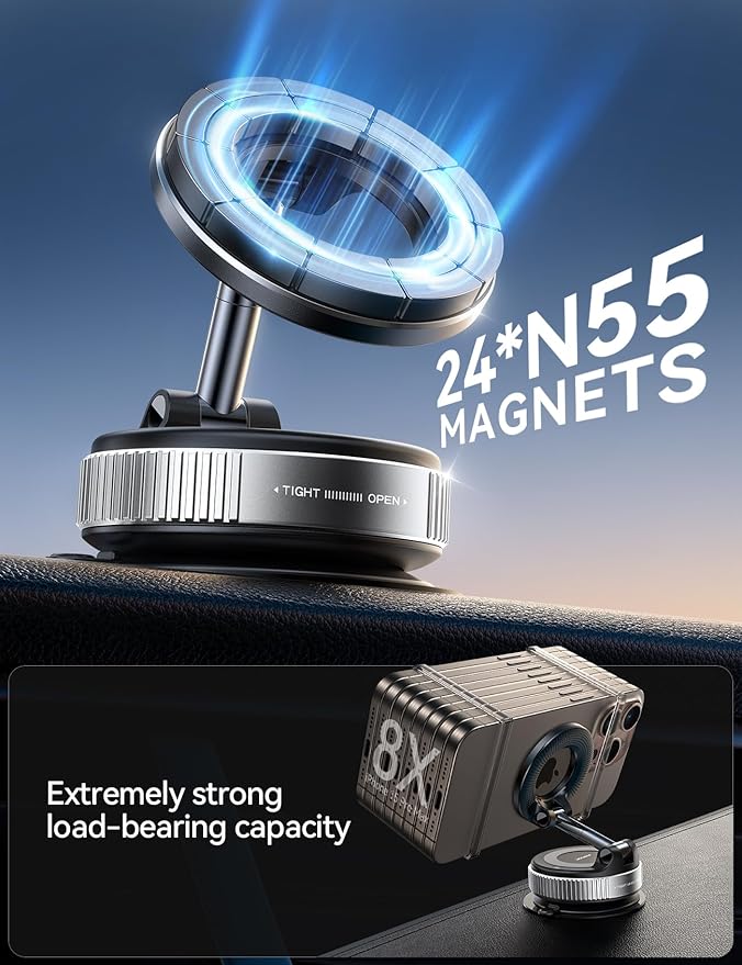 JOYROOM Magsafe Car Mount, Vacuum Car Phone Mount with Strong Magnet, 360° Metal Strut Suction Cup Phone Mount for iPhone 17 Pro Max/16 15 14 13 12 Series& Android Magsafe Case,Silver