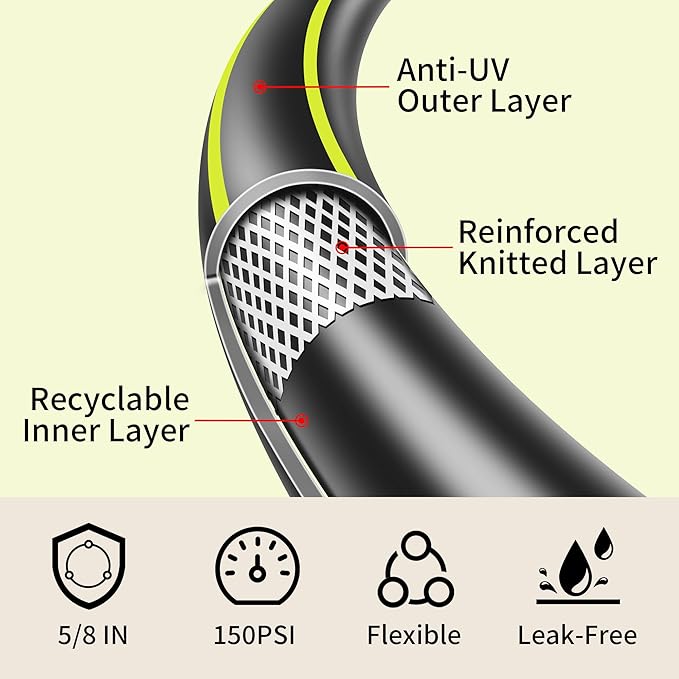 Lightweight Rubber Garden Hose 100 ft, 5/8" Hybrid Rubber Hose with Solid Brass Fitting, Water Hose Pipe for Outdoor, Cleaning & Washing