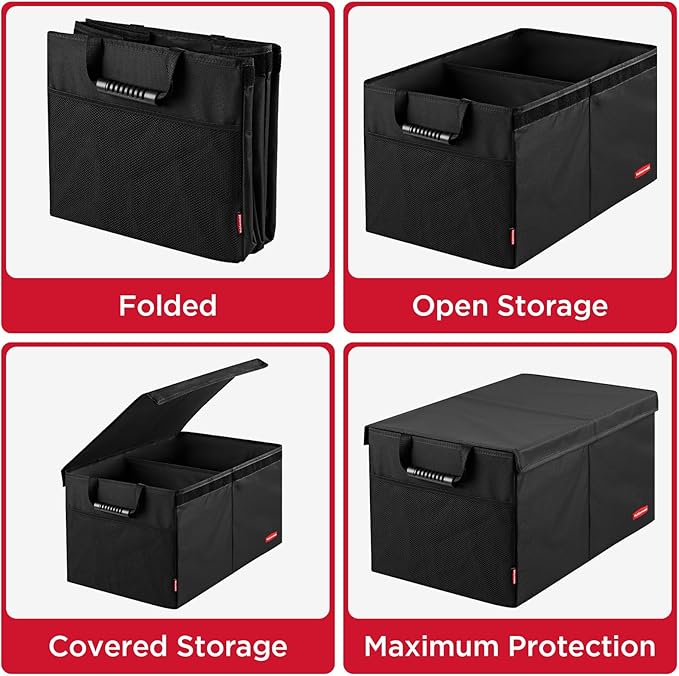 Rubbermaid Car Organizer, Collapsible Trunk Organizer, Multi-Compartment Car Storage Organization for Car Accessories, 2 Compartments With Cover, 21.65"*14.17"*12.2"