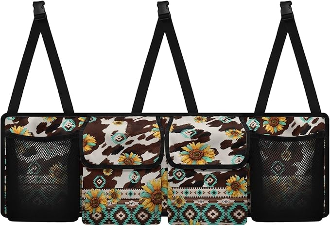 CLOHOMIN Aztec Trunk Organizer for Sedan SUV Van Brown Cow Print Car Organizer Sunflower Cargo Storage with 4 Pockets Foldable Car Trunk Storage Bag Auto Interior Accessories