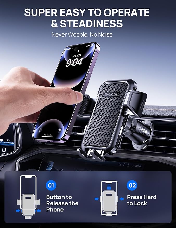 Firm-hold Air Vent Car Phone Holder for iPhone,Rotatable Universal Phone Mount with Adjustable Wide Clamp Metal Hook,Anti-vibration,Single-press Release,Heat-resistant,(Upgrade Hook Clip Never Shake)