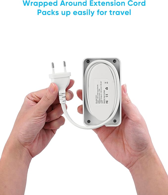 European Travel Plug Adapter, EU/UK/US Travel Adapter Power Strip, 6 AC Outlets, 65W USB C Power Delivery, 3ft Wrapped Around Extension Cord, Compact for Travel
