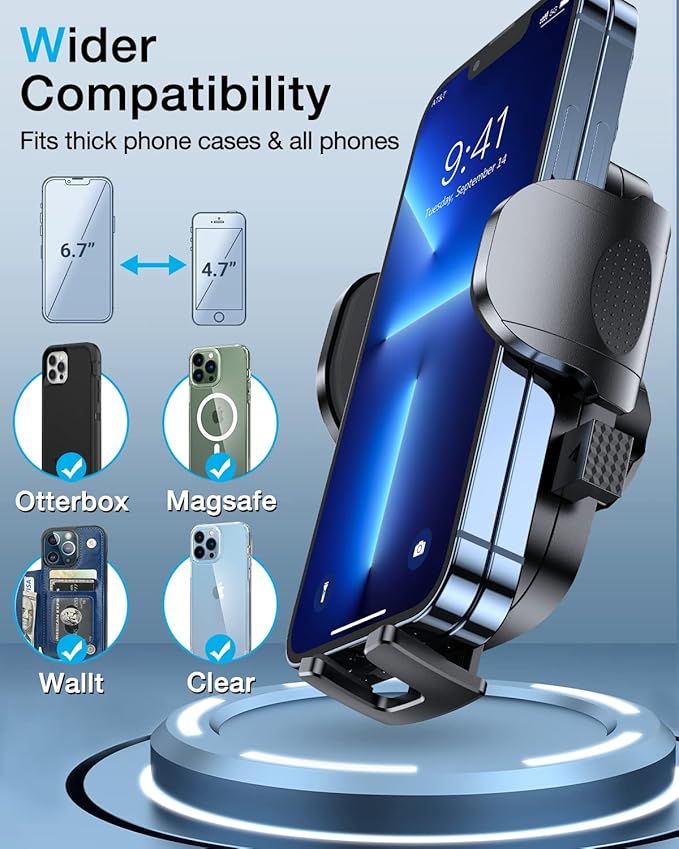 HTU [True Military-Grade] 2025 Upgraded Car Phone Holder 【Safety Certs & No Smell】 Cell Phone Holder for Car Mount for Dashboard Windshield Air Vent Long Arm Thick Case,Sapphire Blue