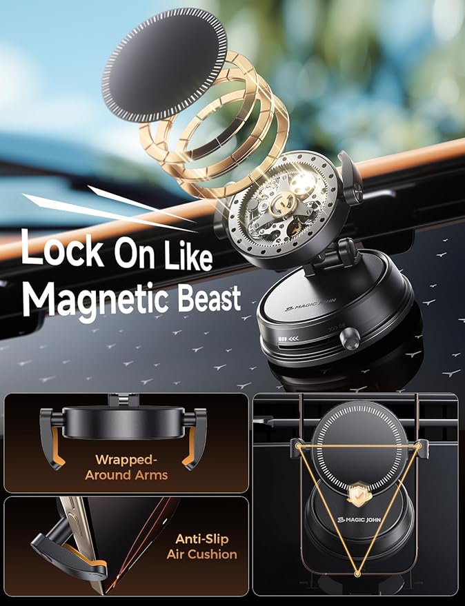 MAGIC JOHN for MagSafe Car Mount [20 N55 Magnets & Clip Arm] 360° Adjustable Magnetic Phone Holder for Car Phone Holder Mount Holders Cell Phone Holders for Your Car Accessories for iPhone 17 Promax ﻿