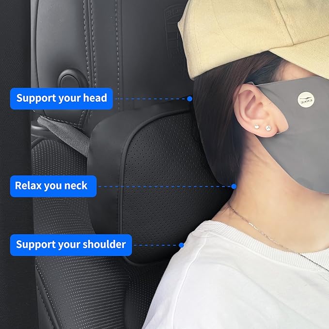 CarCarte Car Headrest Pillow, 2 Pack Car Neck Pillows for Neck Support, Super Soft Ergonomic Du-Pont Bio Cotton Head Rest Pillow for Driving Travel Pillow with Adjustable Strap (Black, Shaped Style)