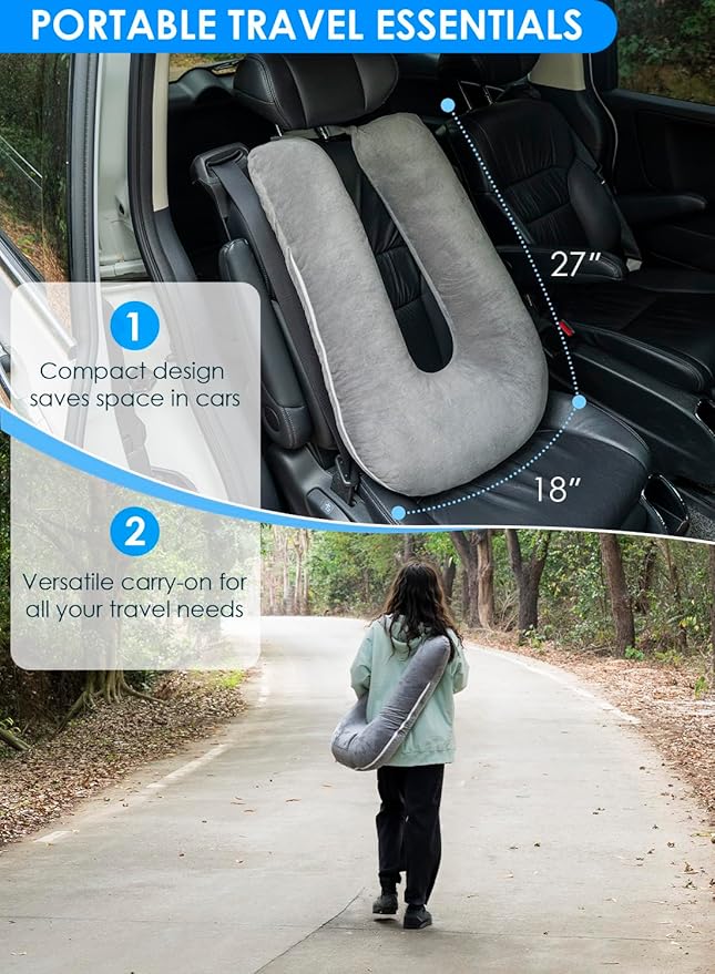 QUEEN ROSE Car Travel Pillow for Sleeping, Adjustable Head Support for Adults & Kids, Breathable Soft Neck Cushion for Road Trips, Machine Washable Cover, Grey