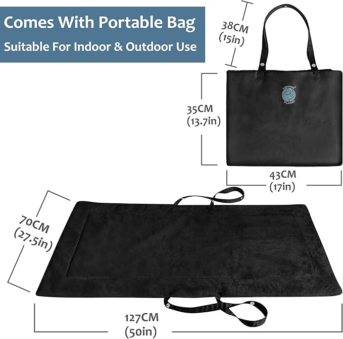 Catalonia Classic Waterproof Dog Mat, Portable Reversible Pet Travel Mat, Pet Cushion Pad with Handle for Small Medium Dogs Cats, Indoor or Outdoor, 50x27.5 inch, Black