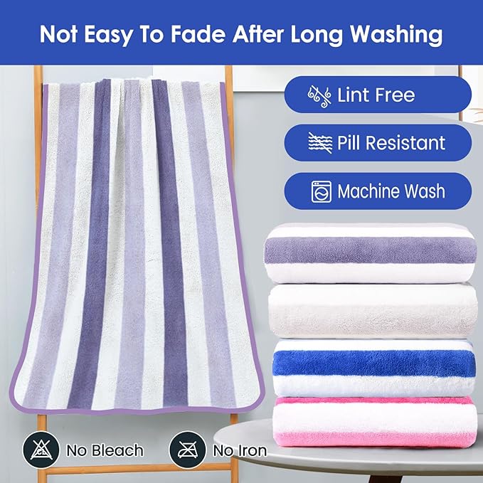 JML Microfiber Bath Towels, Bath Towel 2 Pack 30" x 60", Oversized, Soft, Super Absorbent and Fast Drying, Multipurpose Bathroom Towel Set for Sport, Fitness, Yoga, Coral Fleece Stripe Purple