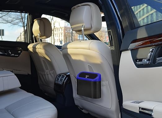 Ginsco 2 Pack Mini Car Trash Can with Lid, Small Car Garbage Can, Cute Leakproof ABS Car Trash Bin, Car Accessories for Interior, Garbage Bin for Car, Home, Office with 120pcs Trash Bags Black/Blue