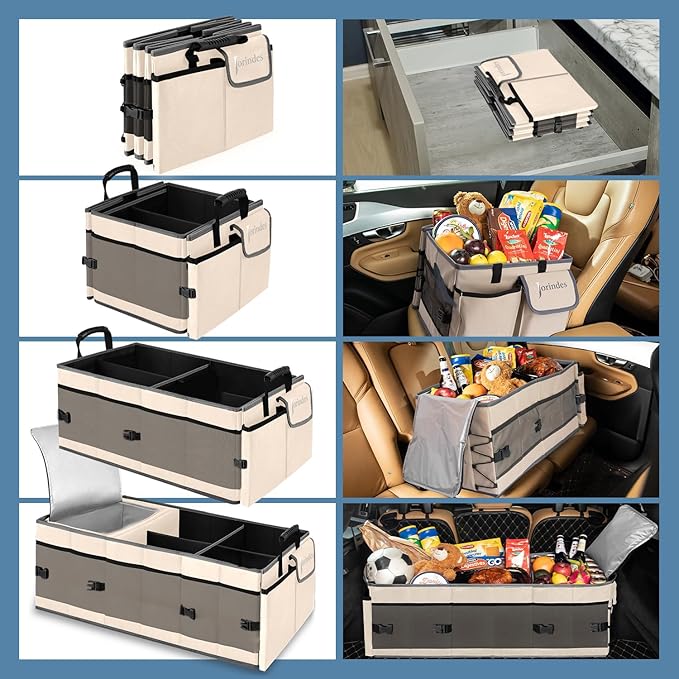 Trunk Organizer with Built-in Insulated Leak Proof Cooler Bag,Collapsible Cargo Organizer for SUV with Non Slip Bottom Strips,3 Large Compartments Foldable Waterproof Portable Car Storage Box