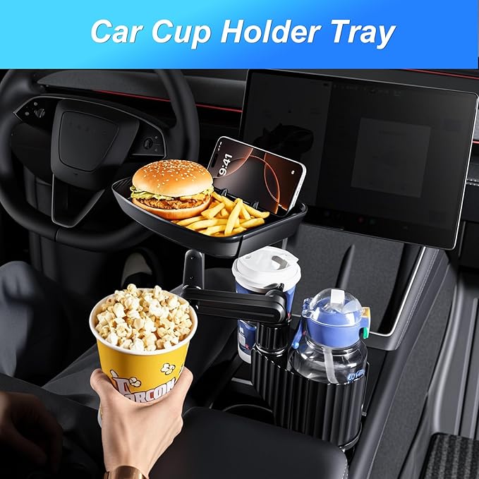 Car Cup Holder Tray Table 10-inch Car Food Tray Portable 4-in-1 Car Cup Holder Extender 360° Rotating with Phone Holder Essential for Road Trips