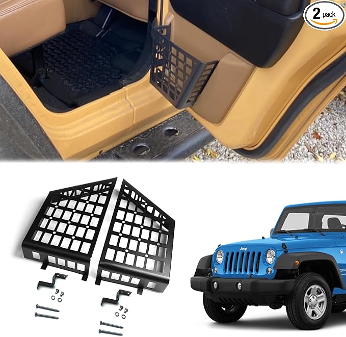 1 Pair Aluminum Rear Door Storage Pockets for 2007-2018 Jeep Wrangler JK JKU - Black Organizer with Tool-Free Install, Anti-Rust Coating & Accessory Mount (Grid)