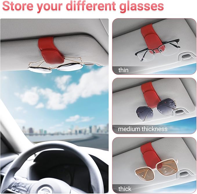 KanSmart Sunglass Holder for Car Visor Sunglasses Clip Magnetic Leather Glasses Eyeglass Holder Truck Car Interior Accessories Universal for Woman Man -Red
