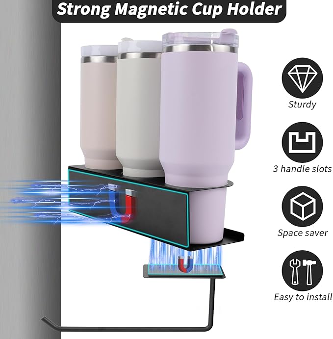 2 Pack Strong Magnetic Cup Holder for Refrigerator, Metal Tumbler Water Bottle Organizer with Lid Holder for 30/40 OZ Stanley Cup, Flexible Tumbler Racks for Kitchen Cabinet Metal Surface