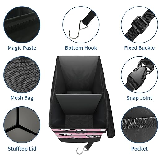 Car Trash Can with Lid, Portable Hanging Automotive Garbage Bin for Vehicles, Leakproof Waste Bag Container for SUV Truck Van Interior Auto Travel Road Trips(Panda)