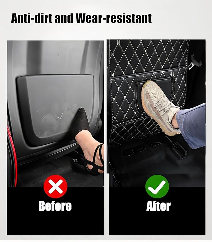Leatherette Car Seat Protector - 2 Pack Large Car Kick Mats with Storage Pockets Organizer Seat Back Cover Against Dirty Shoes & Scratches, Universal Fit for Most Vehicles, Black with Beige Line
