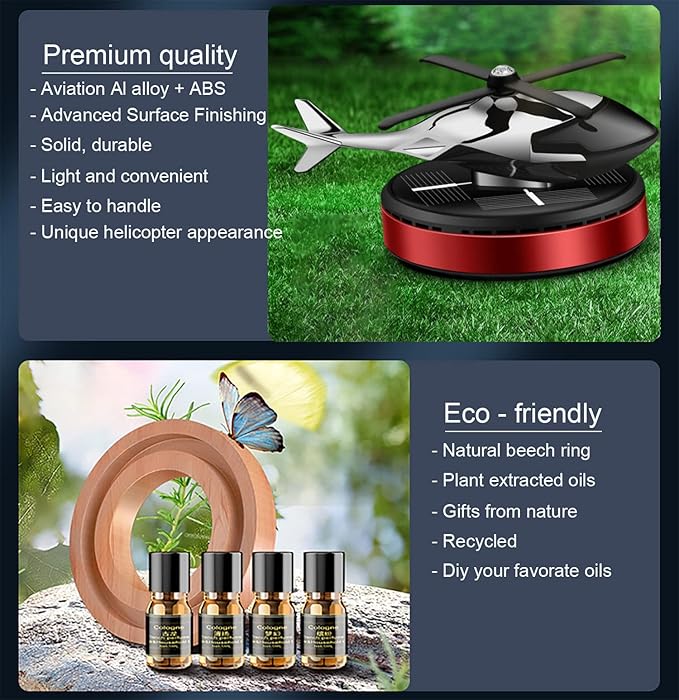 Al Alloy Solar Powered Rotating Helicopter Shape Car air purifier, Home and Car Interior Decoration Accessories (Red)