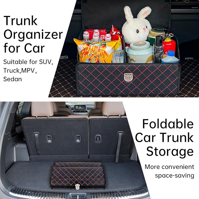Trunk Organizer for Car With Lid,Foldable Trunk Organizer for SUVs & Sedans,Multi-Functional Leather Storage Box- Black Red Grid - Small