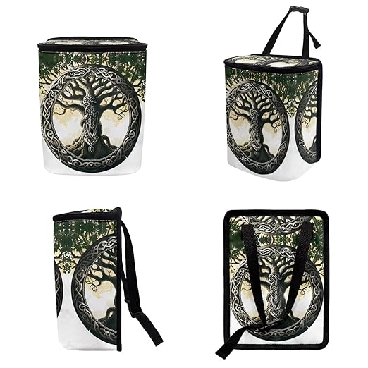 1.2 Gallons Hanging Trash Can, Tree of Life Garbage Bags for Cars, Adjustable Hanging for Tail of Console/Back of Seats, Odor-Free with Zipper Leak-Proof Lid Design, Mini Size for Convenience