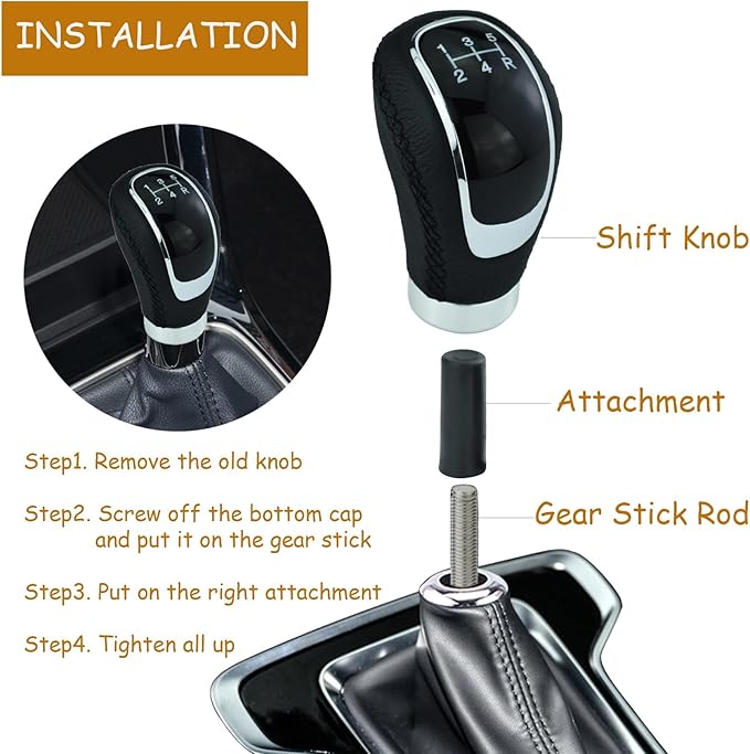 5 Speed Car Shifter Knob PU Leather Gear Lever Handle Car Transmission Stick Head for Most Manual Automotive Vehicles (Black Stitches)