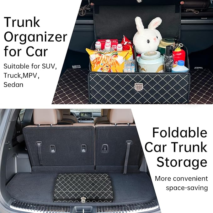 Trunk Organizer for Car With Lid,Foldable Trunk Organizer for SUVs & Sedans,Multi-Functional Leather Storage Box- Black Grid - Small