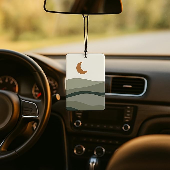 Boho Green Car Air Freshener 4 Pcs, Mid Century Modern Sun Moon Mountain Plant Striped Air Freshener Hanging for Cars Books Closet Drawer, Green Car Accessories for Women Men