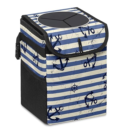 Car Trash Can Nautical Anchor Navy Blue Stripes Auto Garbage Bag Car Trash Can with Lid Leak-Proof Car Storage Bag Garbage Can Hanging for Headrest Collapsible and Portable with Storage Mesh Pocket