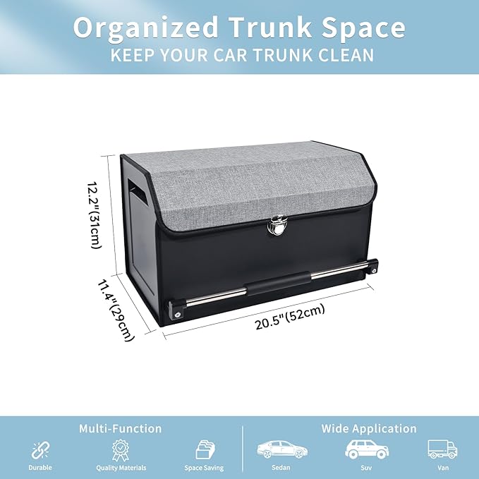 Car Trunk Organizer, Leather Trunk Organizer with Push-pull Handle and Lid Car Trunk Storage Organizer for SUV, Minivan, Truck (Grey, 20.47 x 11.42 x 12.2in)
