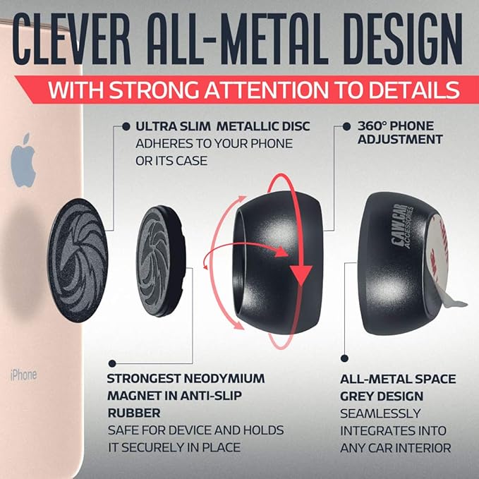 Universal Car Phone Mount Magnetic - All-Metal iPhone Car Mount for Any Smartphone or GPS - Truly One-Handed Cell Phone Holder for Car Dashboard