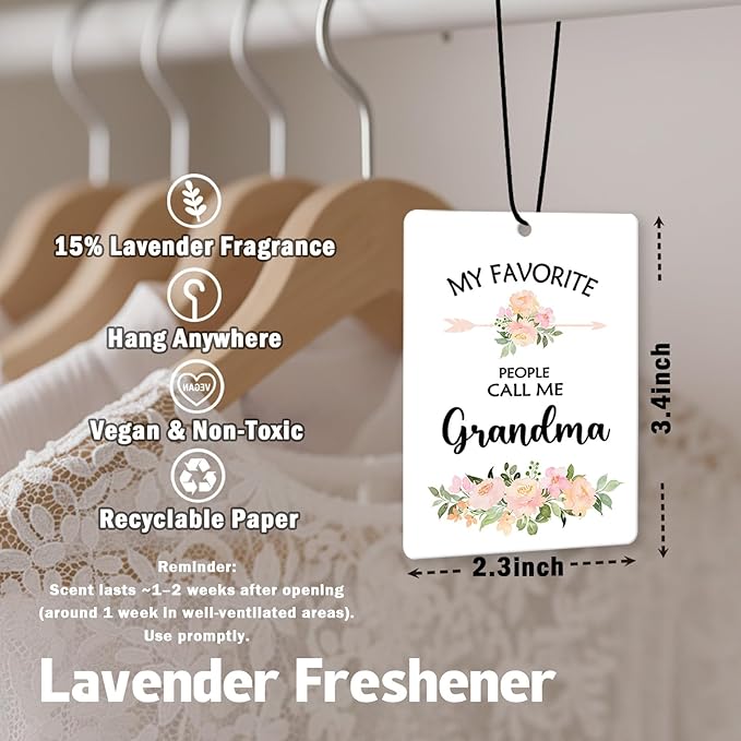 Grandma Gifts Car Air Freshener Hanging 3 Pack, My Favorite People Call Me Grandma Car Accessories Gifts for Christmas Women,Rustic Floral Scent Card Lavender for Closet Drawer Bathroom Decor