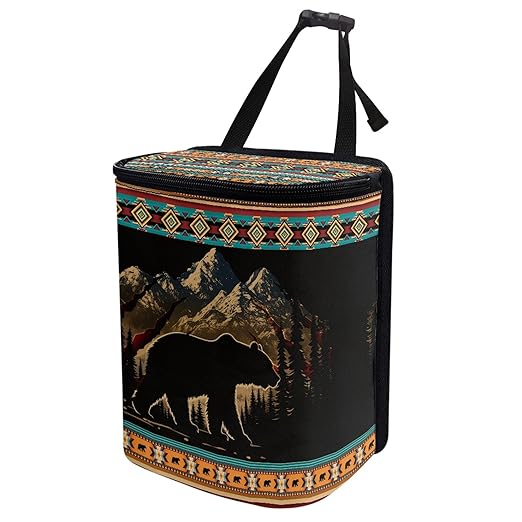 Southwest Aztec Bear Car Trash Can with Lid Portable Garbage Can Hanging for Headrest Leakproof Organizer and Storage Bag Automobile Accessories