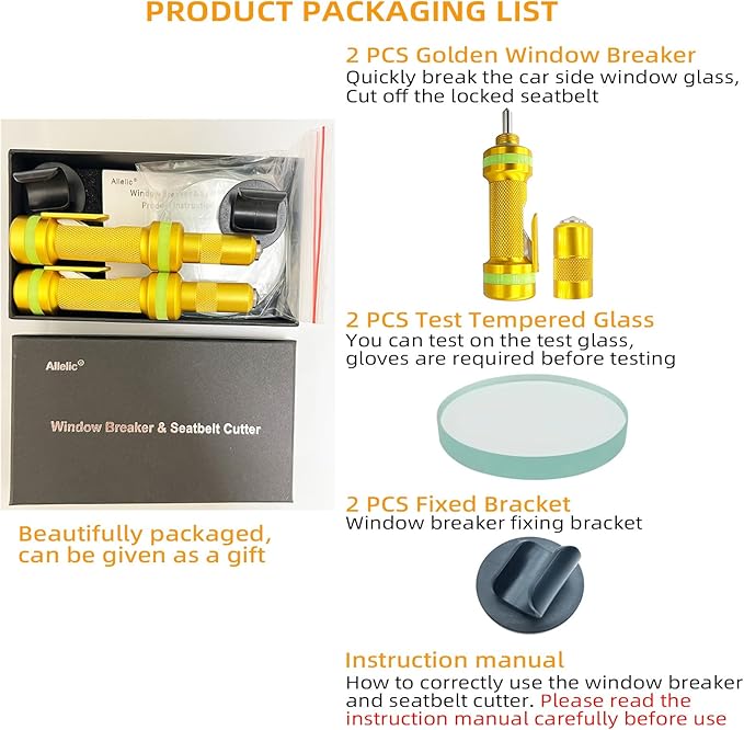 Allelic Car Window Breaker Tool, Window Breaker Seatbelt Cutter, Window Breaker, Glass Breaker, Spring-Loaded Window Breaker for Land & Underwater (Gold, 2 PCS)